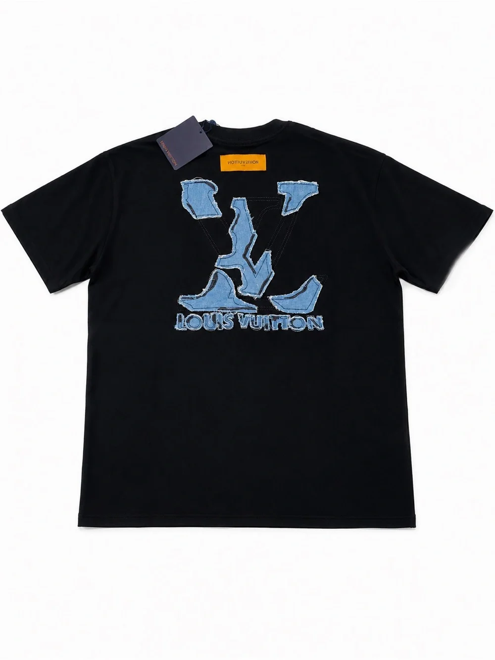 Louis Vuitton Black Tee with Distressed Blue Denim LV Logo